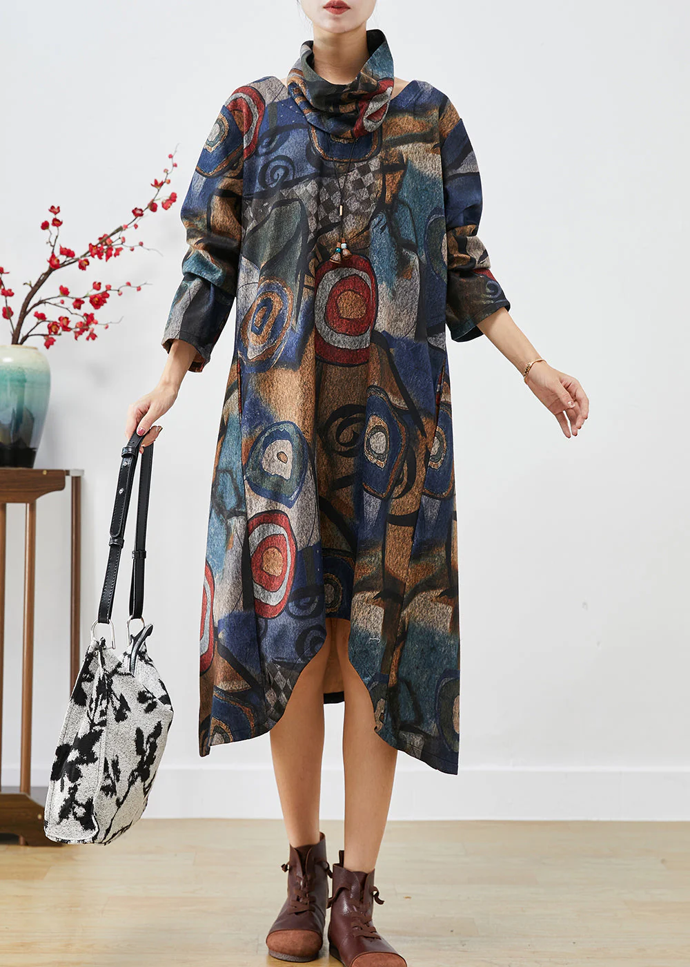 Plus Size Navy Oversized Print Woolen Dress Two Piece Set Fall - Image 3