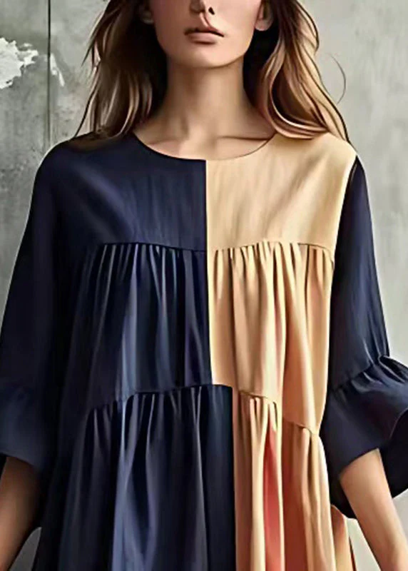 Plus Size Navy Patchwork Wrinkled Cotton Long Dresses Flare Sleeve - Image 3