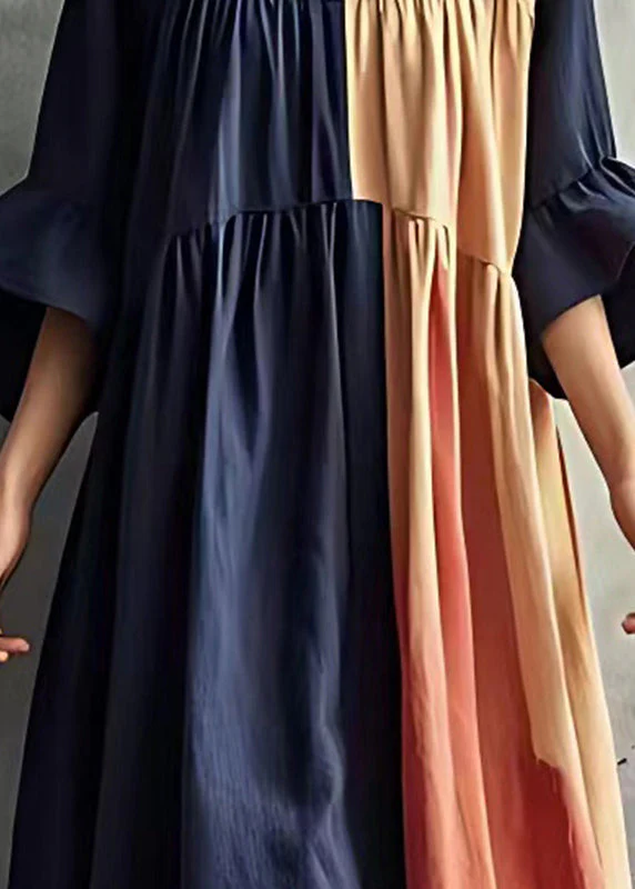 Plus Size Navy Patchwork Wrinkled Cotton Long Dresses Flare Sleeve - Image 4