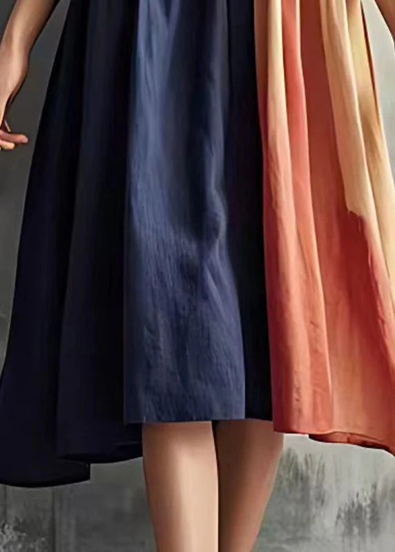 Plus Size Navy Patchwork Wrinkled Cotton Long Dresses Flare Sleeve - Image 5