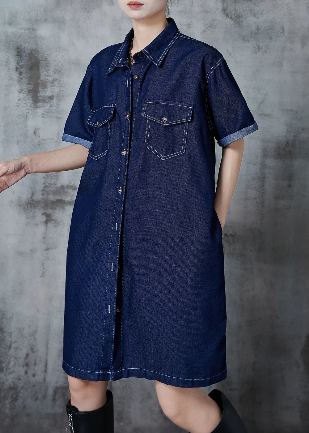 Plus Size Navy Peter Pan Collar Denim Mini Dress Summer - Image 2