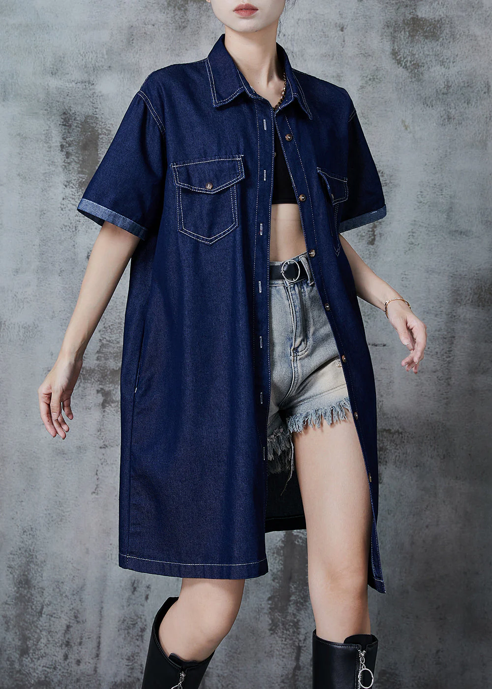 Plus Size Navy Peter Pan Collar Denim Mini Dress Summer - Image 3