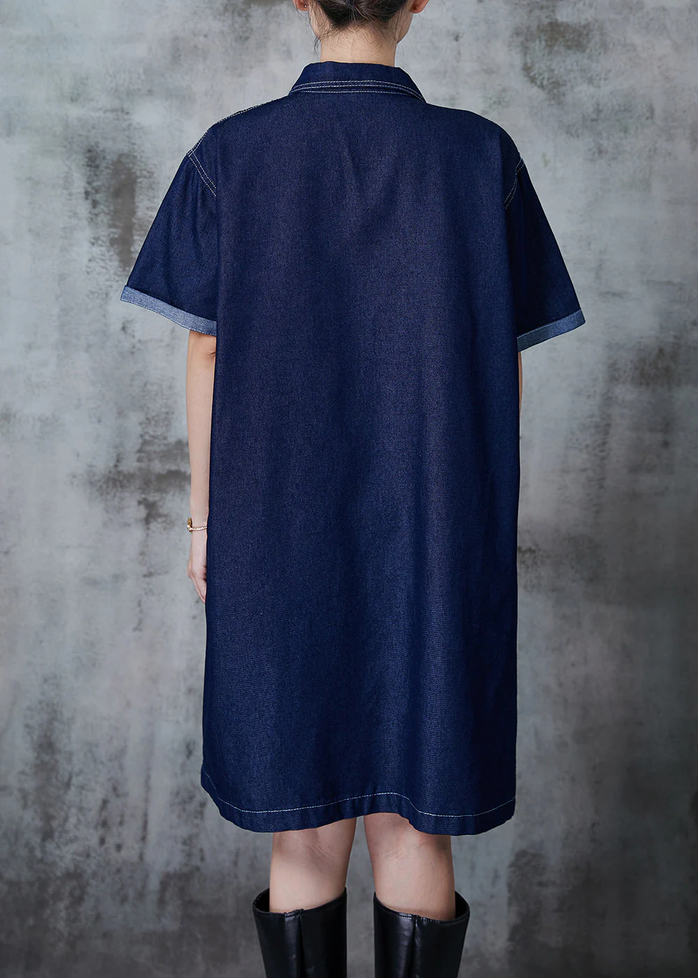 Plus Size Navy Peter Pan Collar Denim Mini Dress Summer - Image 4
