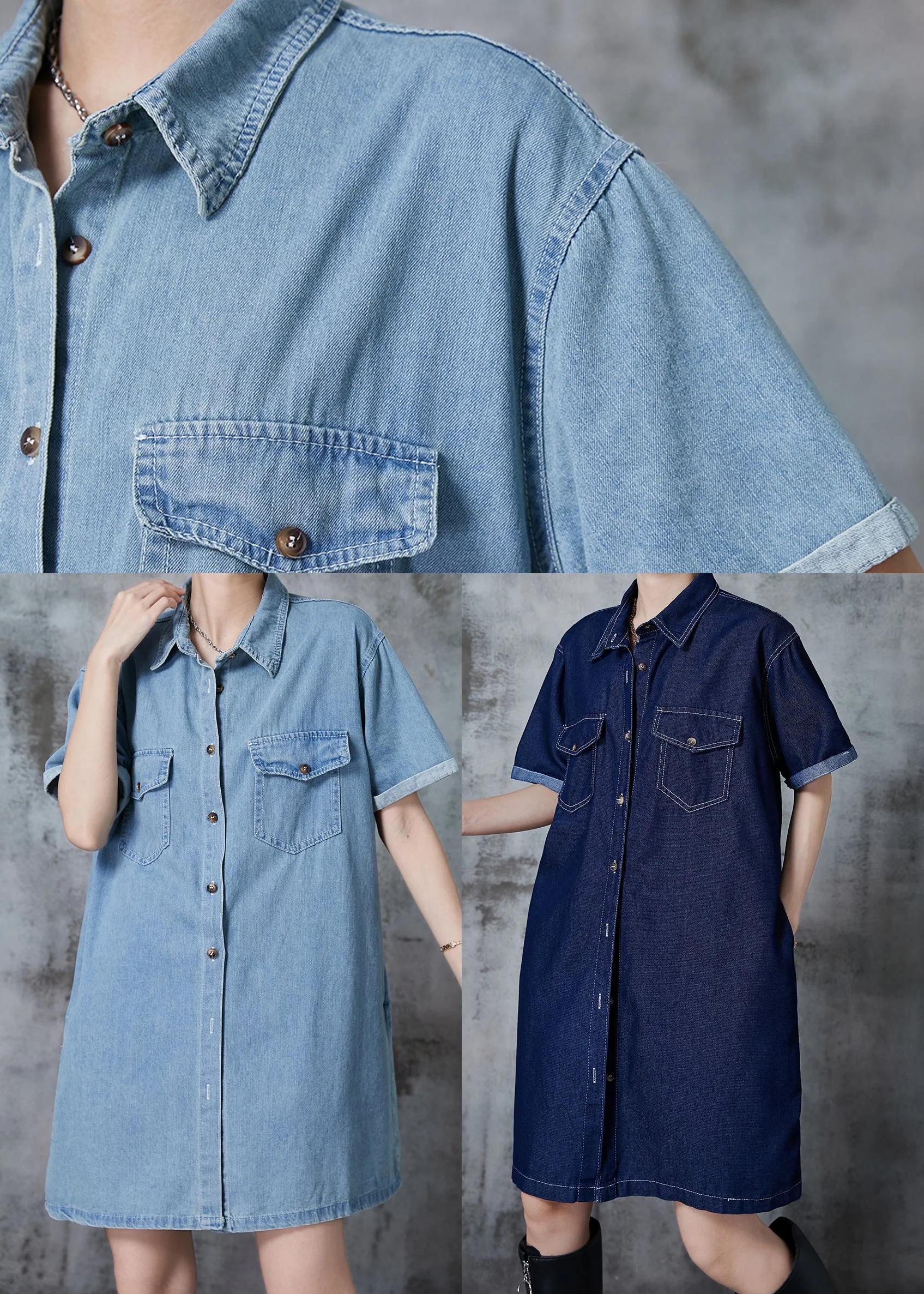 Plus Size Navy Peter Pan Collar Denim Mini Dress Summer - Image 5