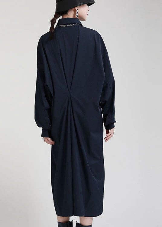 Plus Size Navy Peter Pan CollarButtonasymmetrical design Fall Ankle Dress Long sleeve - Image 4