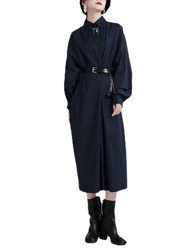 Plus Size Navy Peter Pan CollarButtonasymmetrical design Fall Ankle Dress Long sleeve - Image 5