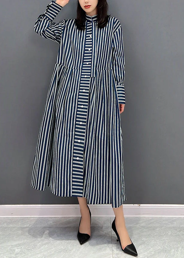 Plus Size Navy Stand Collar Striped Cotton Shirt Dress Fall - Image 2