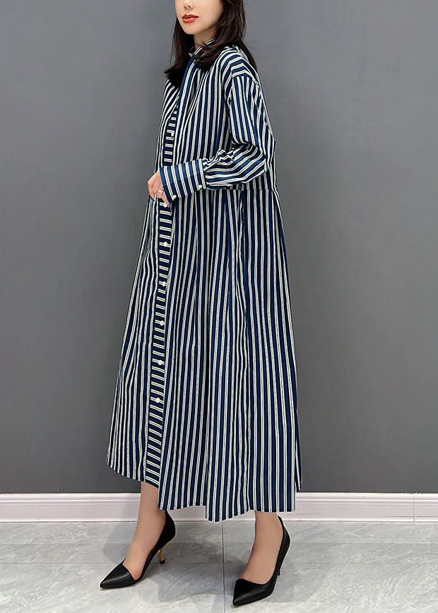 Plus Size Navy Stand Collar Striped Cotton Shirt Dress Fall - Image 3