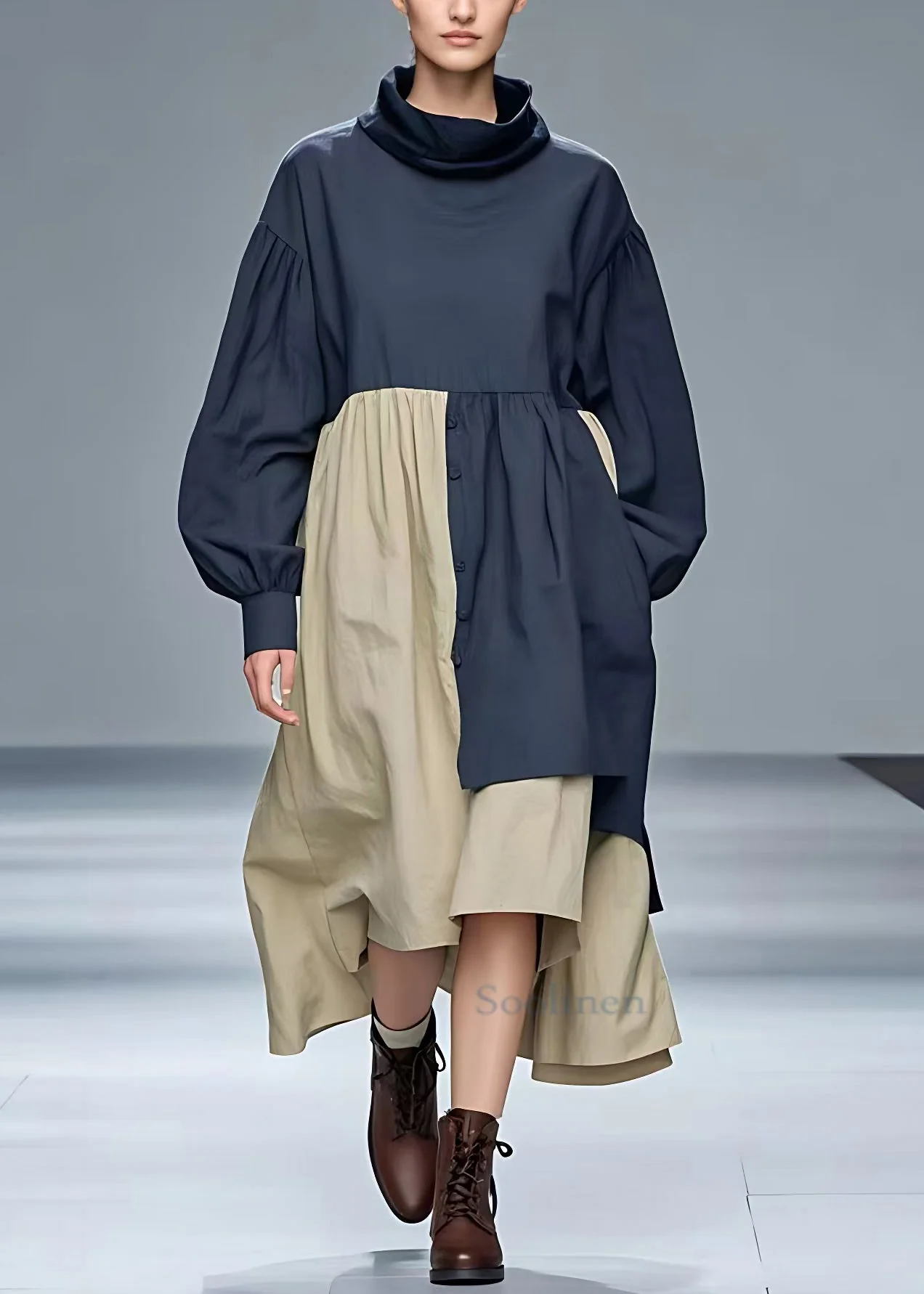 Plus Size Navy Turtleneck Pockets Cotton Dresses Long Sleeve - Image 2
