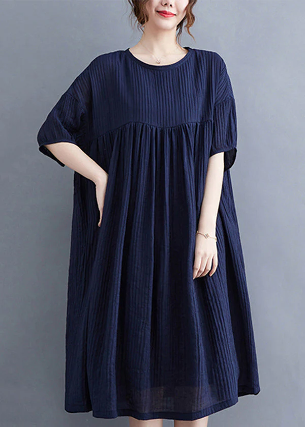 Plus Size Navy Wrinkled Exra Large Hem Cotton Vacation Dress Summer - Image 2