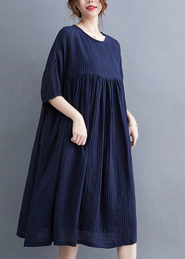 Plus Size Navy Wrinkled Exra Large Hem Cotton Vacation Dress Summer - Image 3