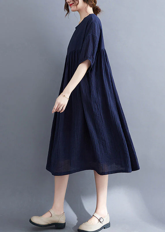 Plus Size Navy Wrinkled Exra Large Hem Cotton Vacation Dress Summer - Image 4