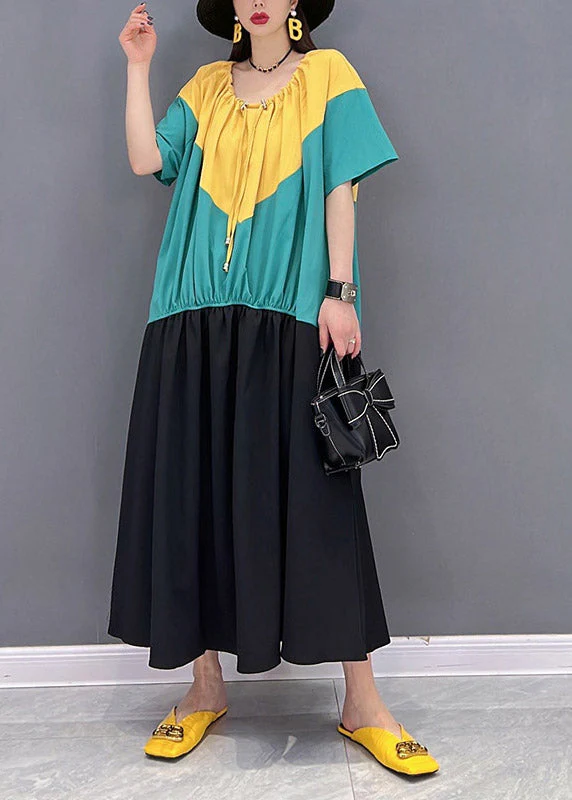 Plus Size O-Neck Patchwork Drawstring Wrinkled Chiffon Dress Short Sleeve - Image 2