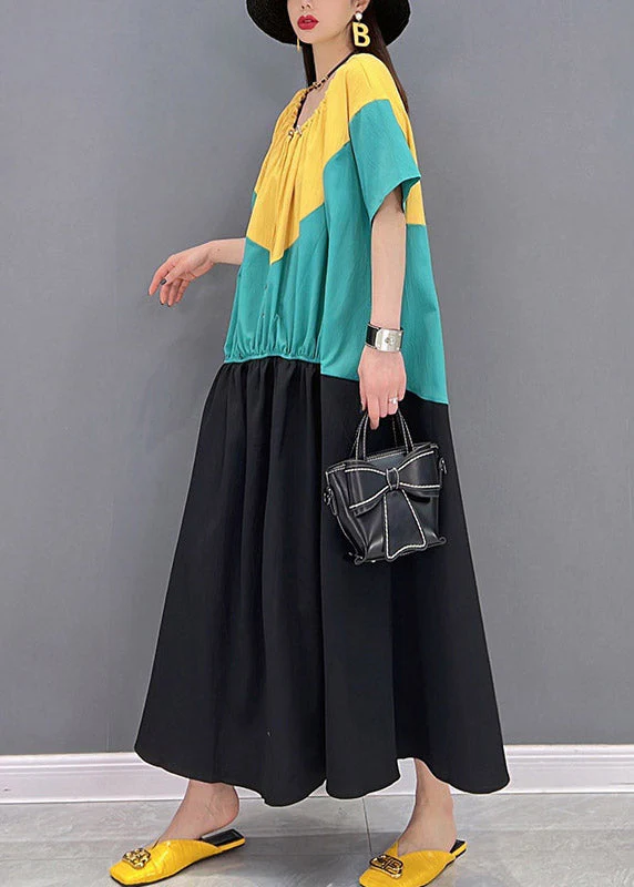 Plus Size O-Neck Patchwork Drawstring Wrinkled Chiffon Dress Short Sleeve - Image 3