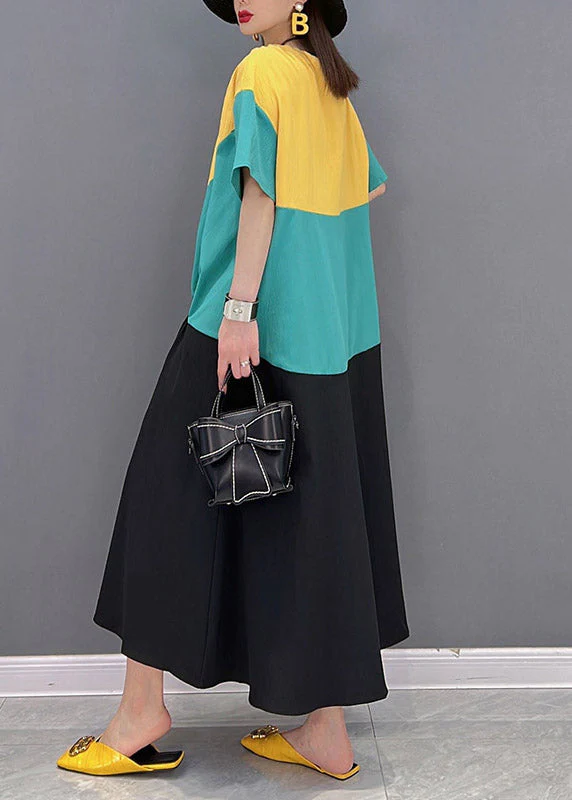 Plus Size O-Neck Patchwork Drawstring Wrinkled Chiffon Dress Short Sleeve - Image 4