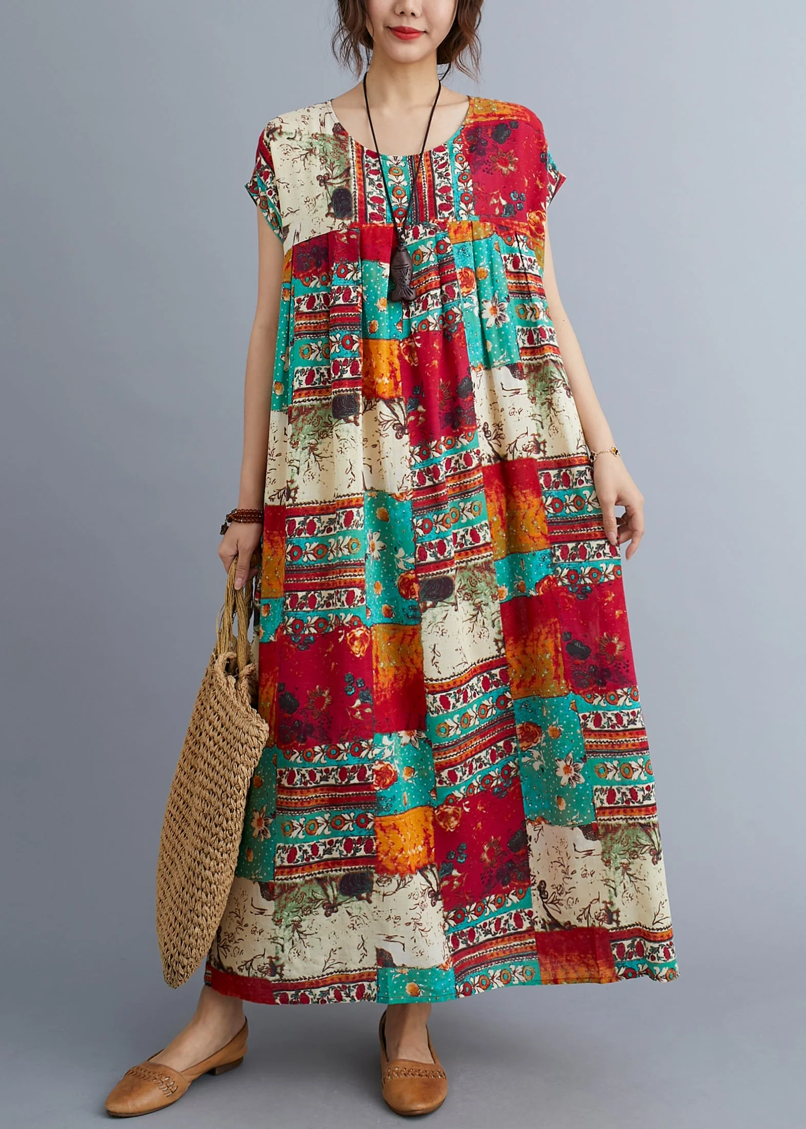 Plus Size O-Neck Patchwork Print Long Dresses Short Sleeve - Image 2