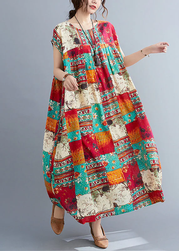 Plus Size O-Neck Patchwork Print Long Dresses Short Sleeve - Image 3