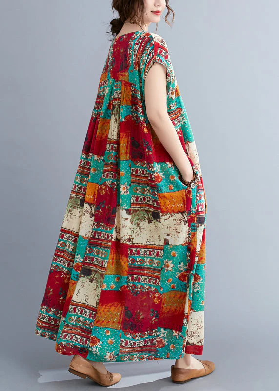Plus Size O-Neck Patchwork Print Long Dresses Short Sleeve - Image 4