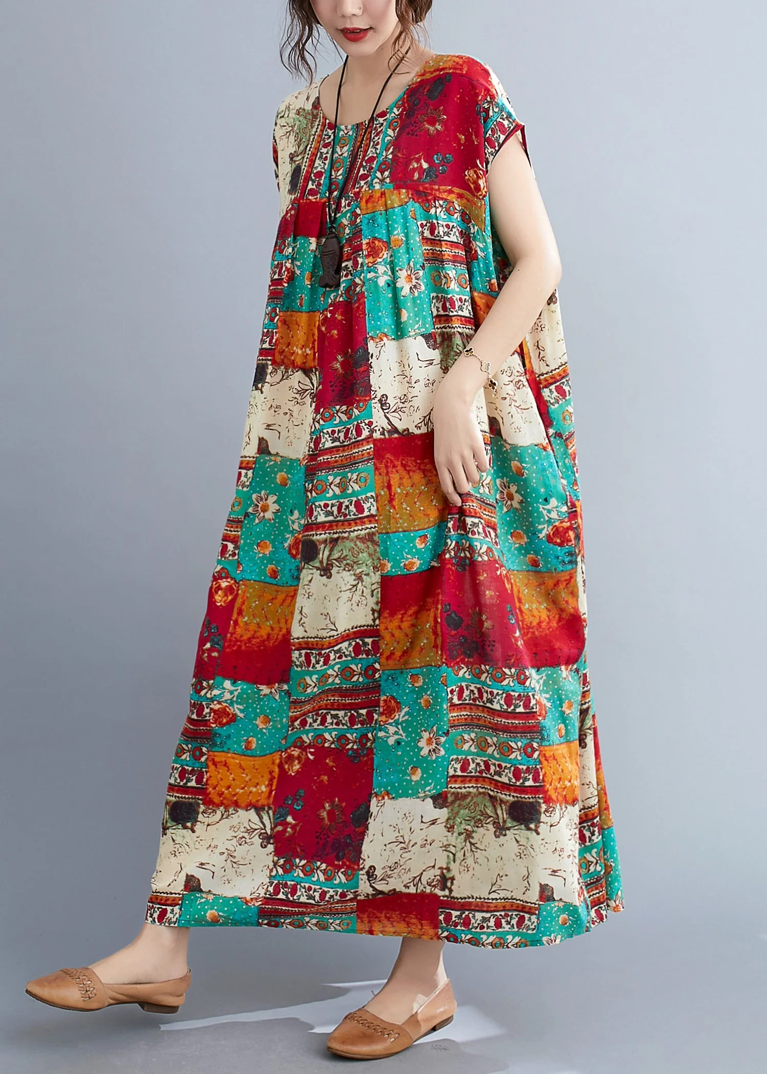 Plus Size O-Neck Patchwork Print Long Dresses Short Sleeve - Image 5