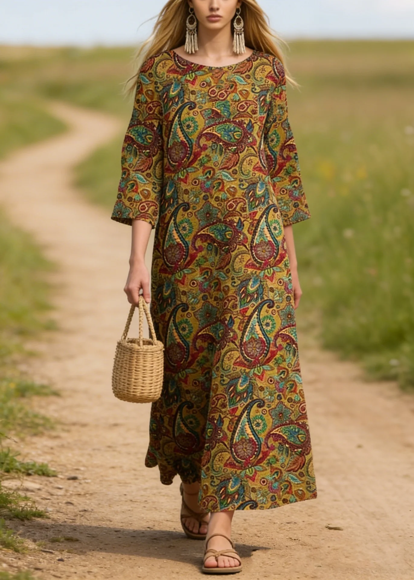 Plus Size O Neck Print Cotton Long Dresses Summer