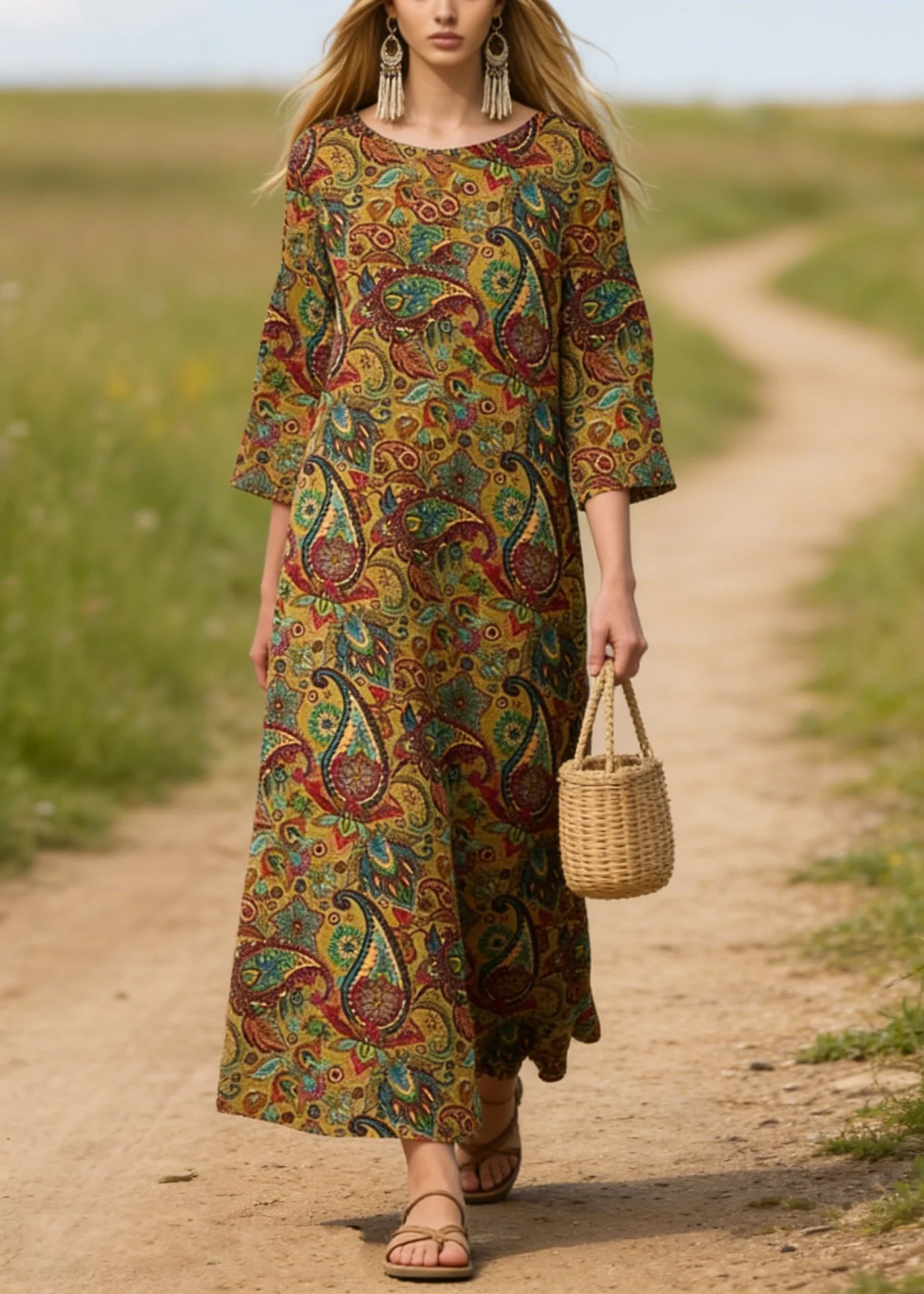 Plus Size O Neck Print Cotton Long Dresses Summer - Image 3
