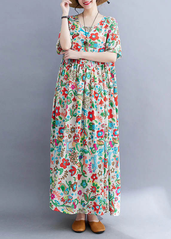 Plus Size O-Neck Print Patchwork Knit Robe Dresses Short Sleeve - Image 2