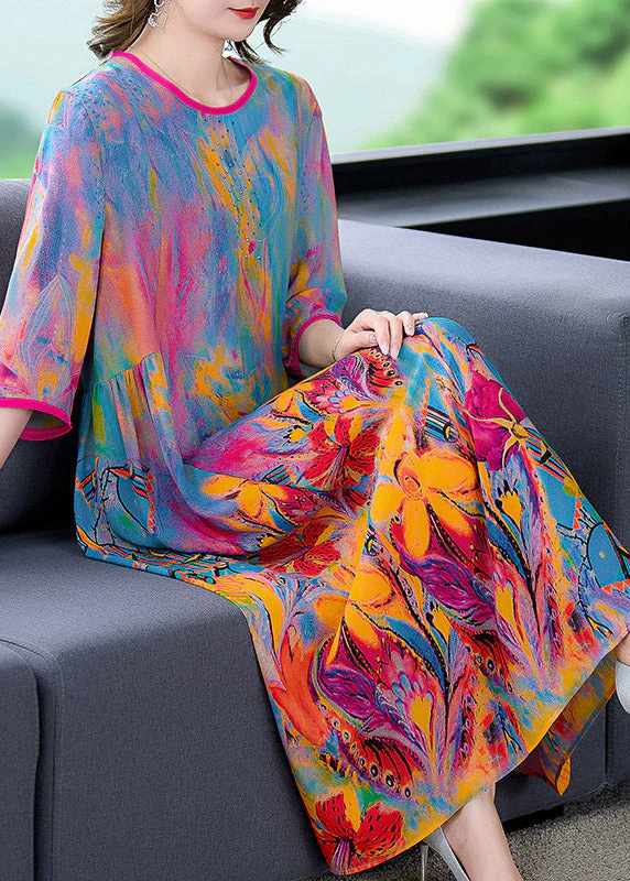 Plus Size O-Neck Print Silk Dress Long Sleeve - Image 3