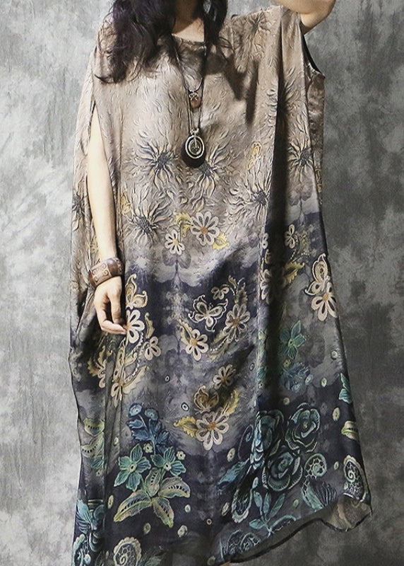 Plus Size O-Neck Print Silk Vacation Dress Batwing Sleeve - Image 2