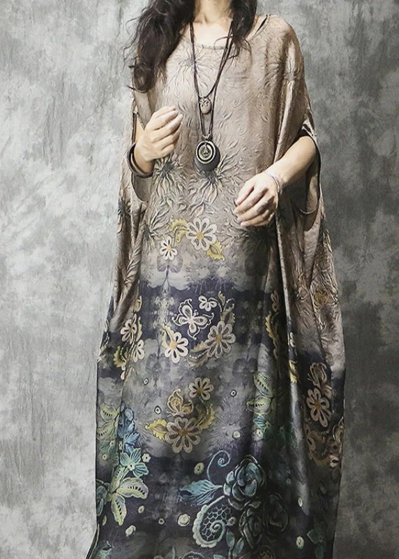 Plus Size O-Neck Print Silk Vacation Dress Batwing Sleeve - Image 3