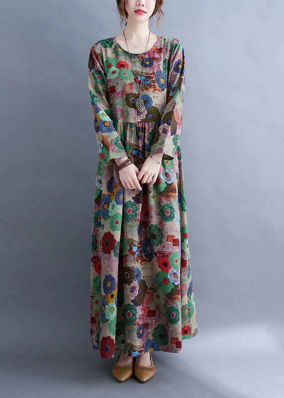 Plus Size O-Neck Print Wrinkled Extra large hem Long Dress Spring - Image 2