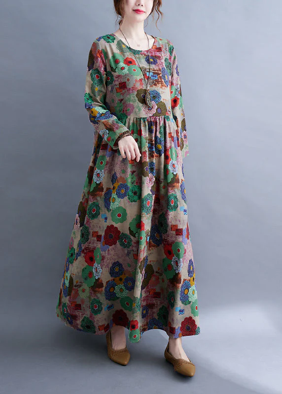 Plus Size O-Neck Print Wrinkled Extra large hem Long Dress Spring - Image 3