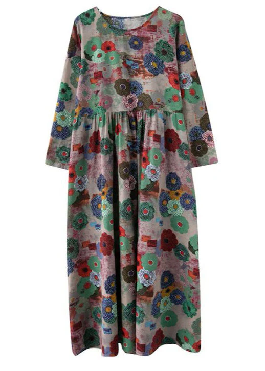 Plus Size O-Neck Print Wrinkled Extra large hem Long Dress Spring - Image 5