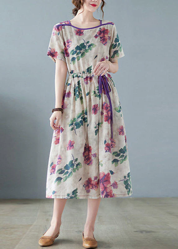 Plus Size O-Neck Print wrinkled Linen Long Dress Short Sleeve - Image 2