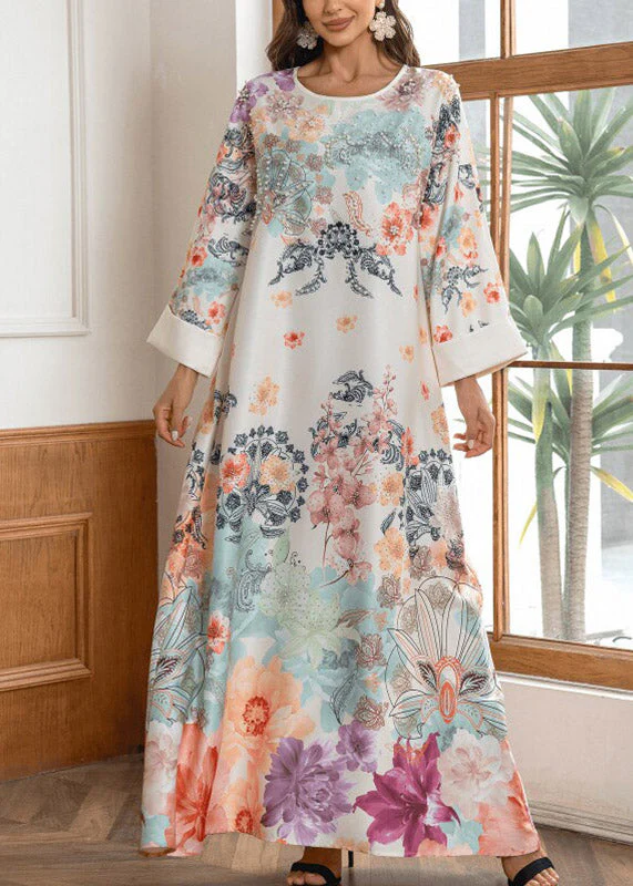 Plus Size O-Neck Print Zircon Maxi Dresses Fall - Image 2