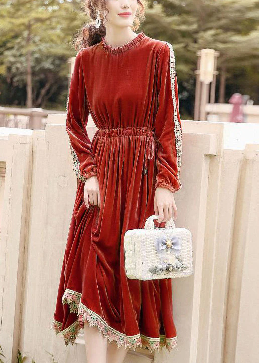 Plus Size Orange Cinched Patchwork Lace Silk Velour Long Dress Spring - Image 2