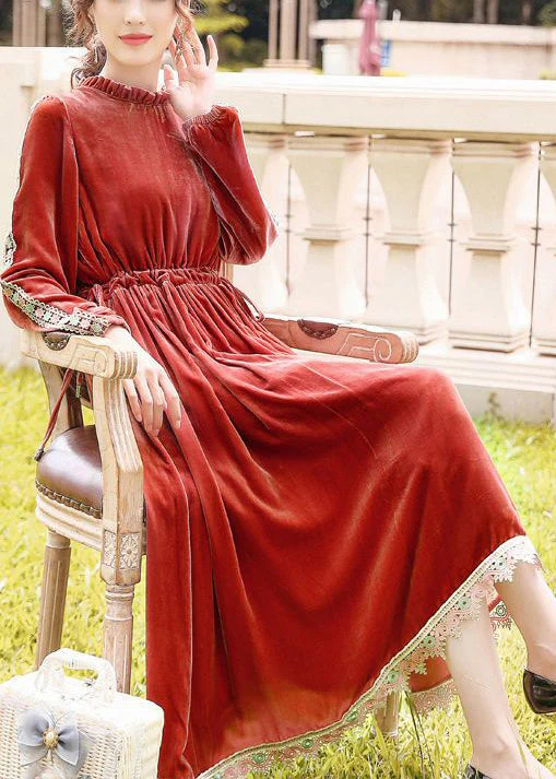 Plus Size Orange Cinched Patchwork Lace Silk Velour Long Dress Spring - Image 3