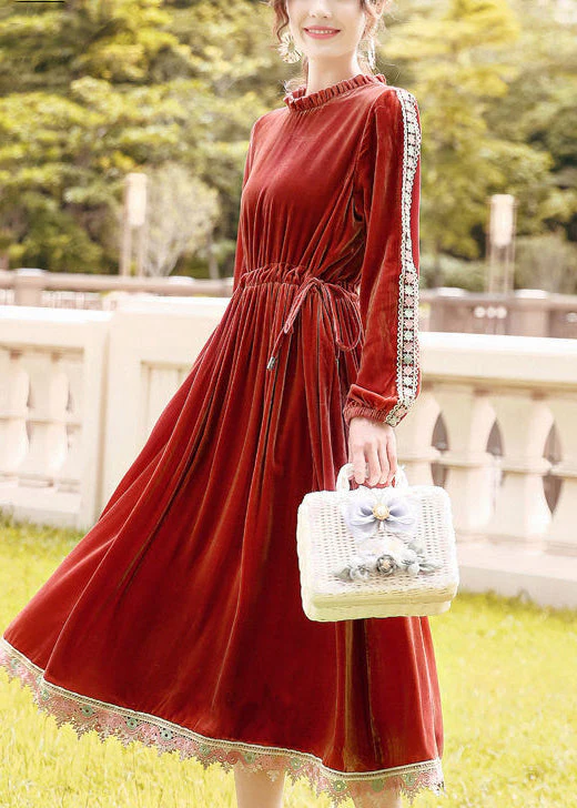Plus Size Orange Cinched Patchwork Lace Silk Velour Long Dress Spring - Image 4