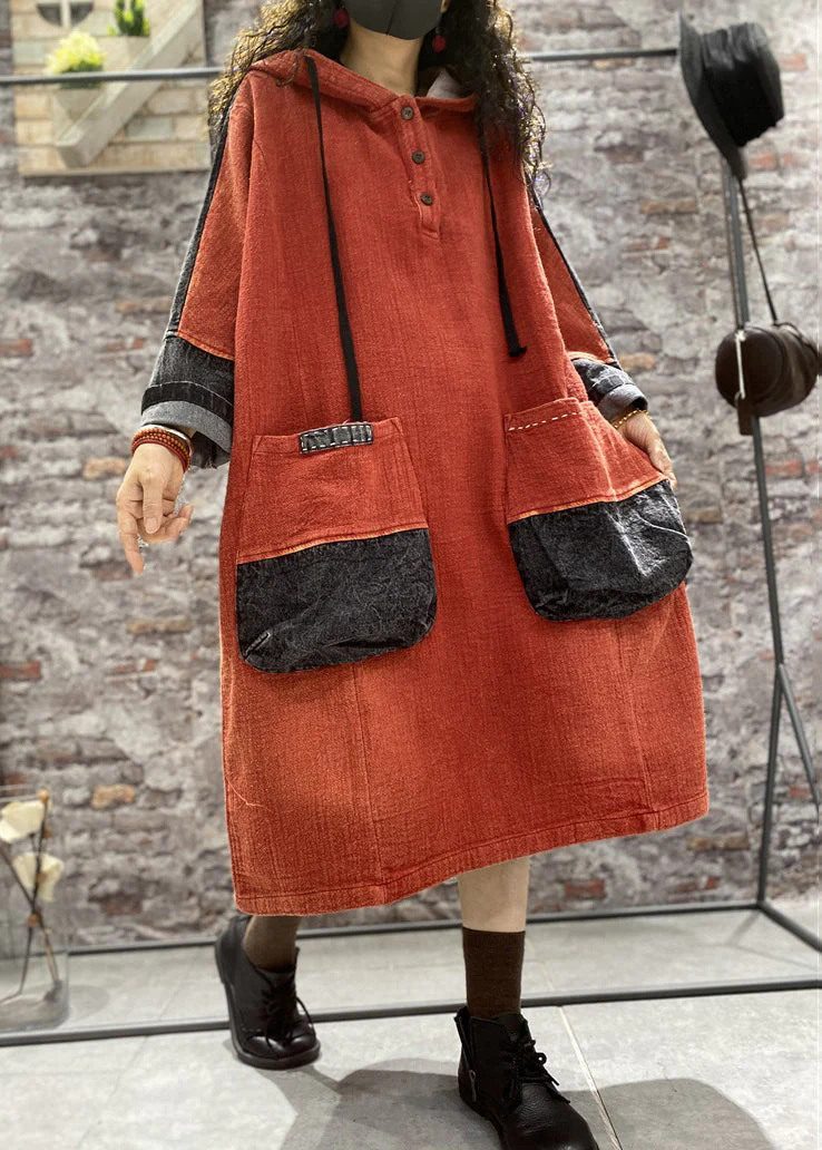 Plus Size Orange Hooded Pockets Denim Long Dress Fall - Image 2
