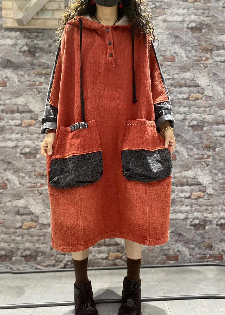 Plus Size Orange Hooded Pockets Denim Long Dress Fall - Image 3