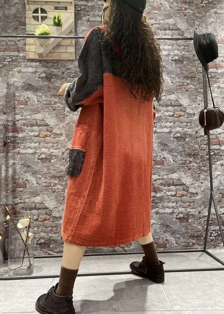 Plus Size Orange Hooded Pockets Denim Long Dress Fall - Image 4