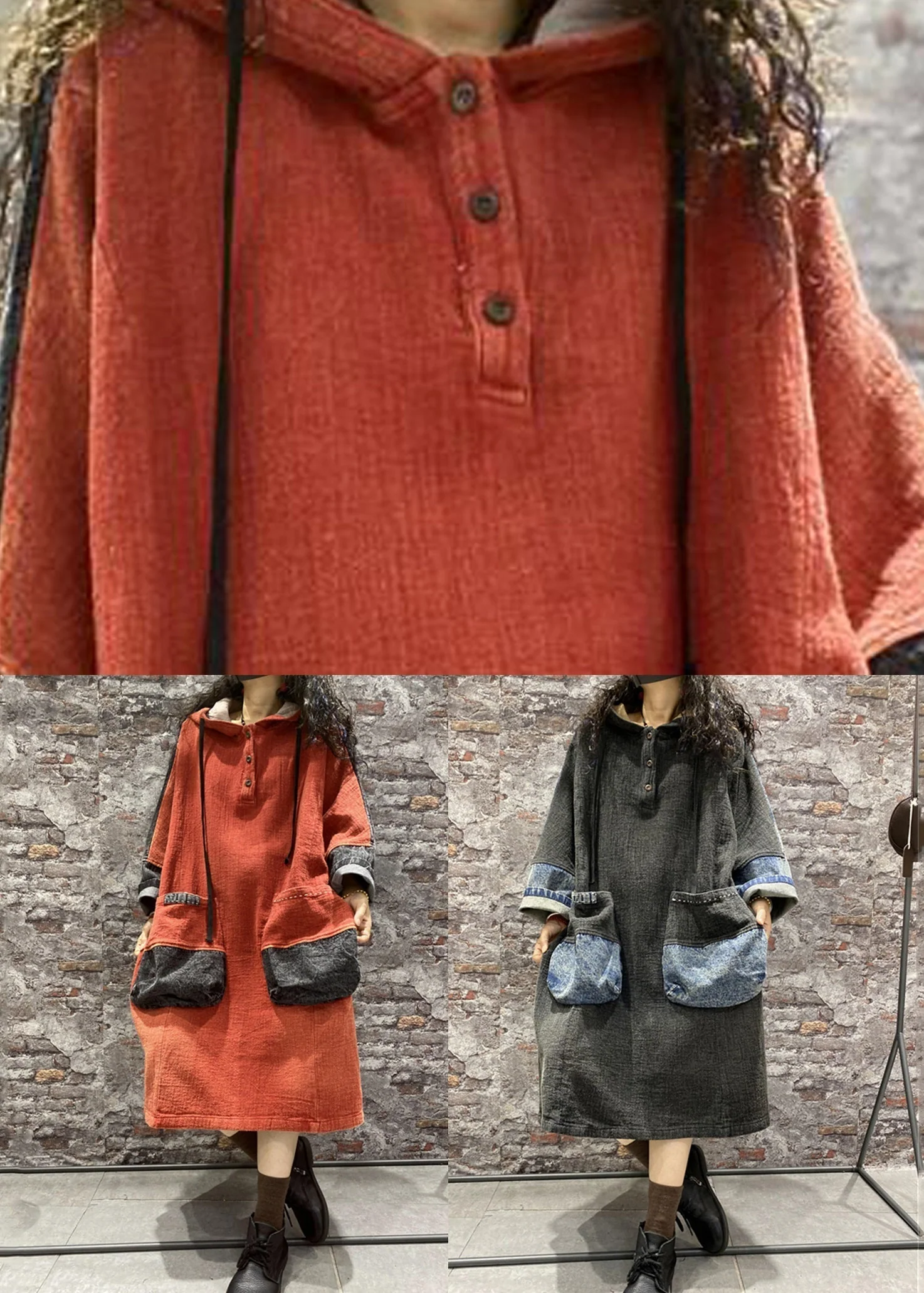 Plus Size Orange Hooded Pockets Denim Long Dress Fall - Image 5