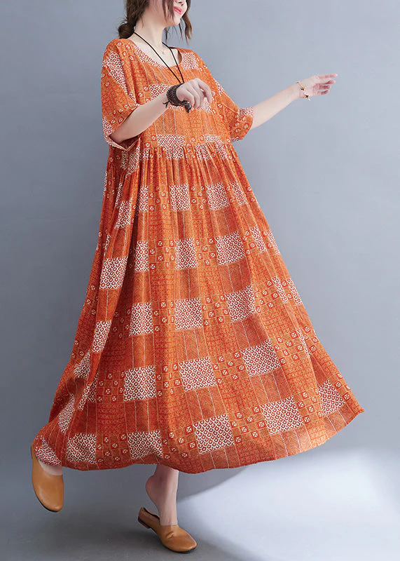 Plus Size Orange O-Neck Patchwork Wrinkled Party Maxi Dress Summer - Image 2