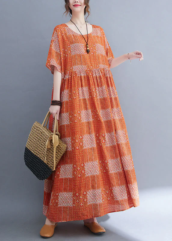 Plus Size Orange O-Neck Patchwork Wrinkled Party Maxi Dress Summer - Image 3