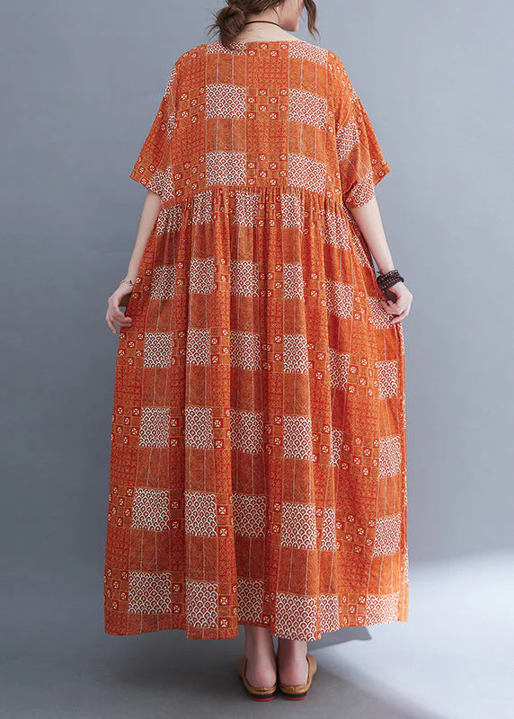 Plus Size Orange O-Neck Patchwork Wrinkled Party Maxi Dress Summer - Image 4
