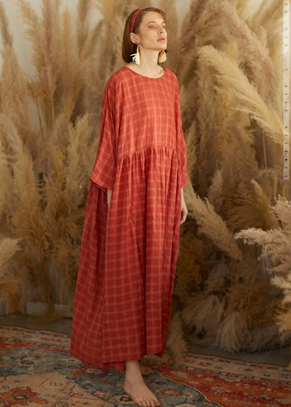 Plus Size Orange O Neck Plaid Wrinkled Patchwork Cotton Maxi Dresses Fall - Image 3