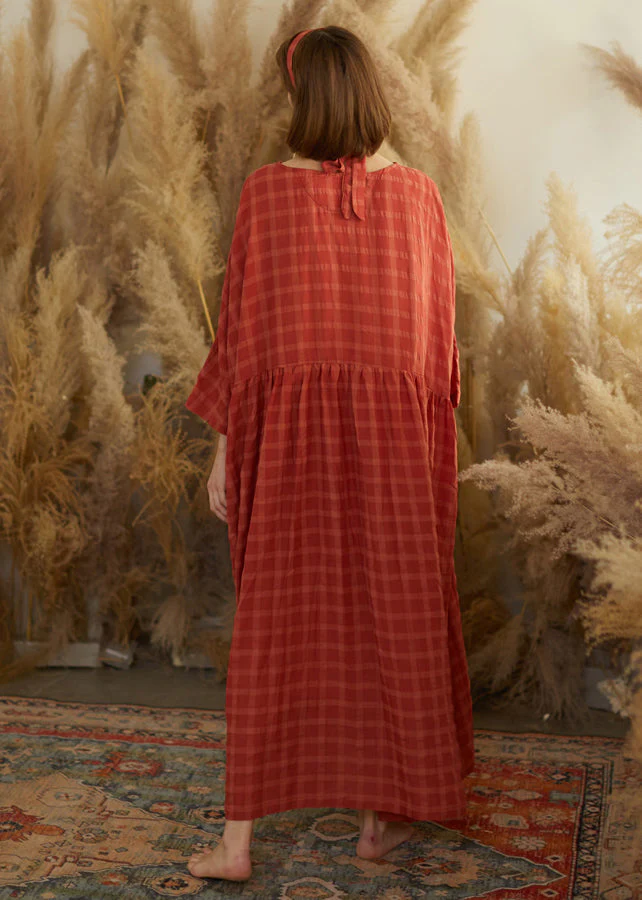 Plus Size Orange O Neck Plaid Wrinkled Patchwork Cotton Maxi Dresses Fall - Image 5