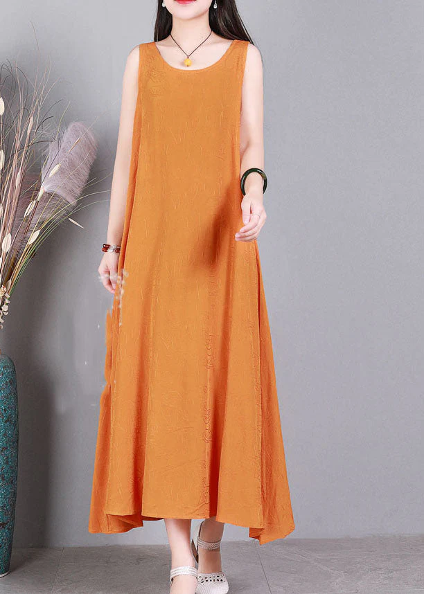 Plus Size Orange O-Neck Solid Color Linen Long Dress Sleeveless - Image 2