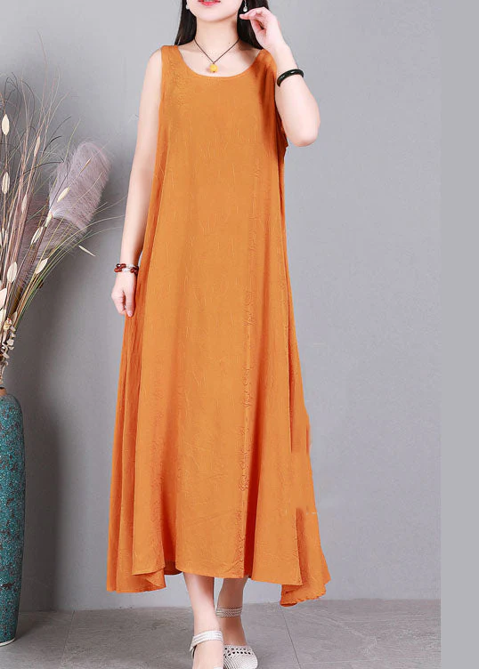 Plus Size Orange O-Neck Solid Color Linen Long Dress Sleeveless - Image 3