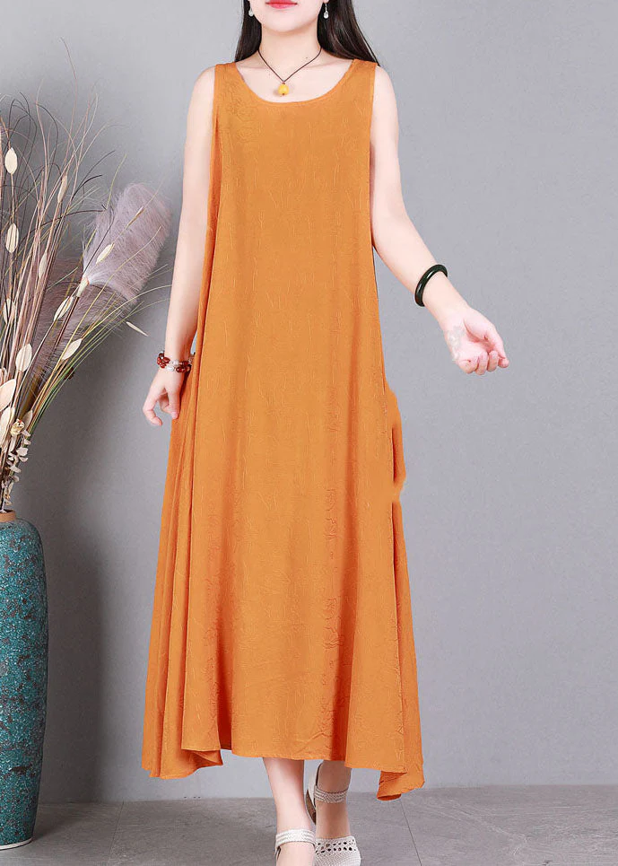 Plus Size Orange O-Neck Solid Color Linen Long Dress Sleeveless - Image 4