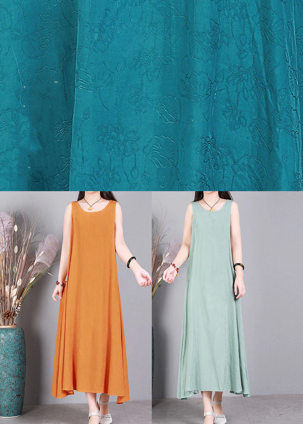 Plus Size Orange O-Neck Solid Color Linen Long Dress Sleeveless - Image 5